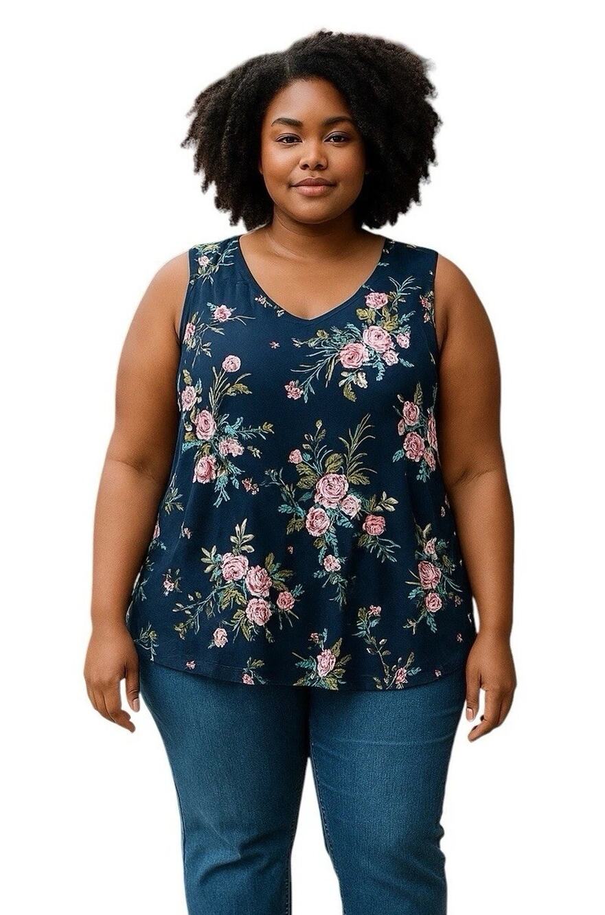 New Torrid Navy Blue Floral Sleeveless Super Soft V-Neck Tank Top 1X NWT
